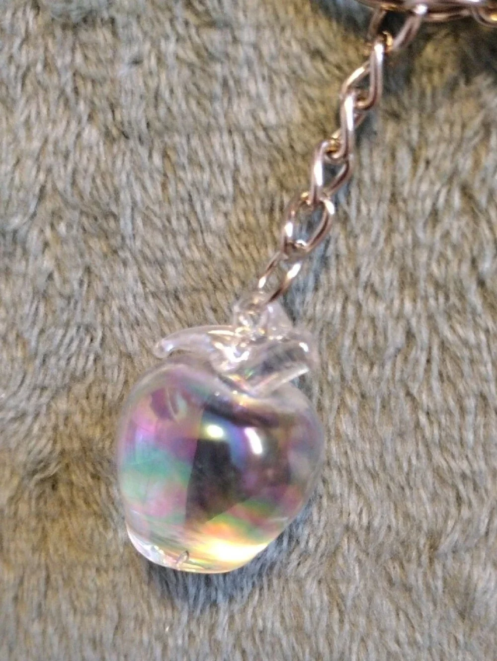 Keychain Charm with Lavender Tassel and Iridescent Glass Apple